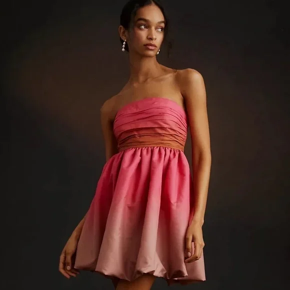 ANTHROPOLOGIE Ombre Bubble Strapless Mini Dress Smocked Pink Vineet Bahl 6 NWT